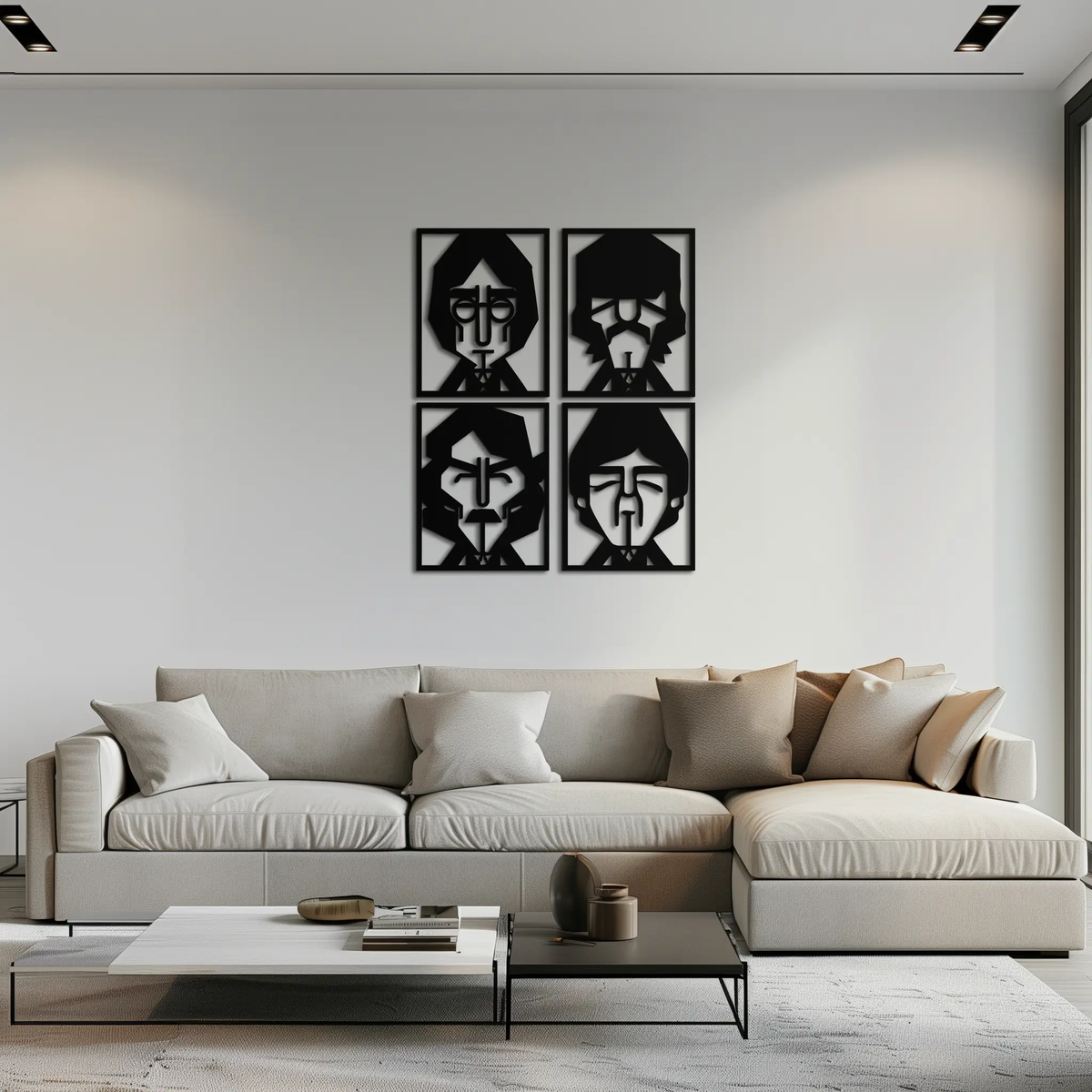 Abstract Geometric Faces Metal Wall Art - Modern Black Steel Home Decor Set of Four- KAF516 by Enova Art