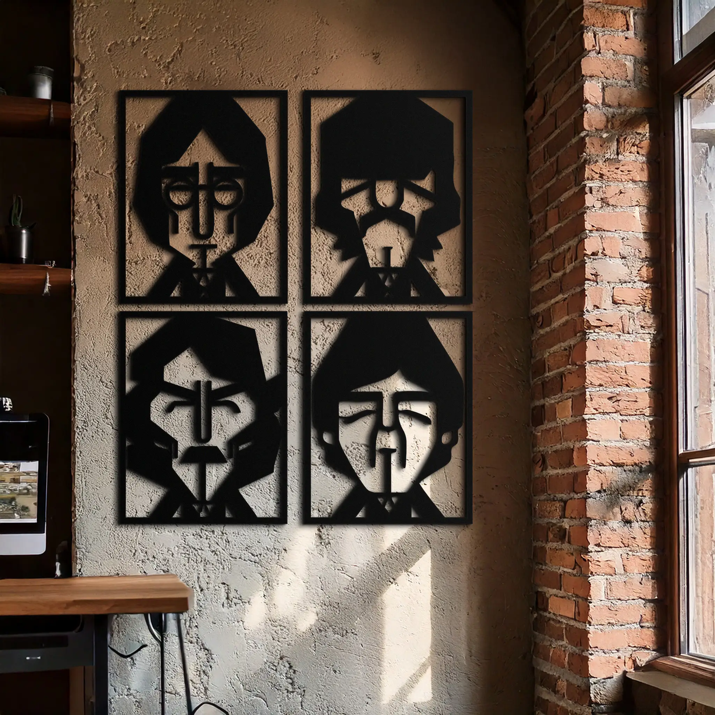 Abstract Geometric Faces Metal Wall Art - Modern Black Steel Home Decor Set of Four- KAF516 by Enova Art