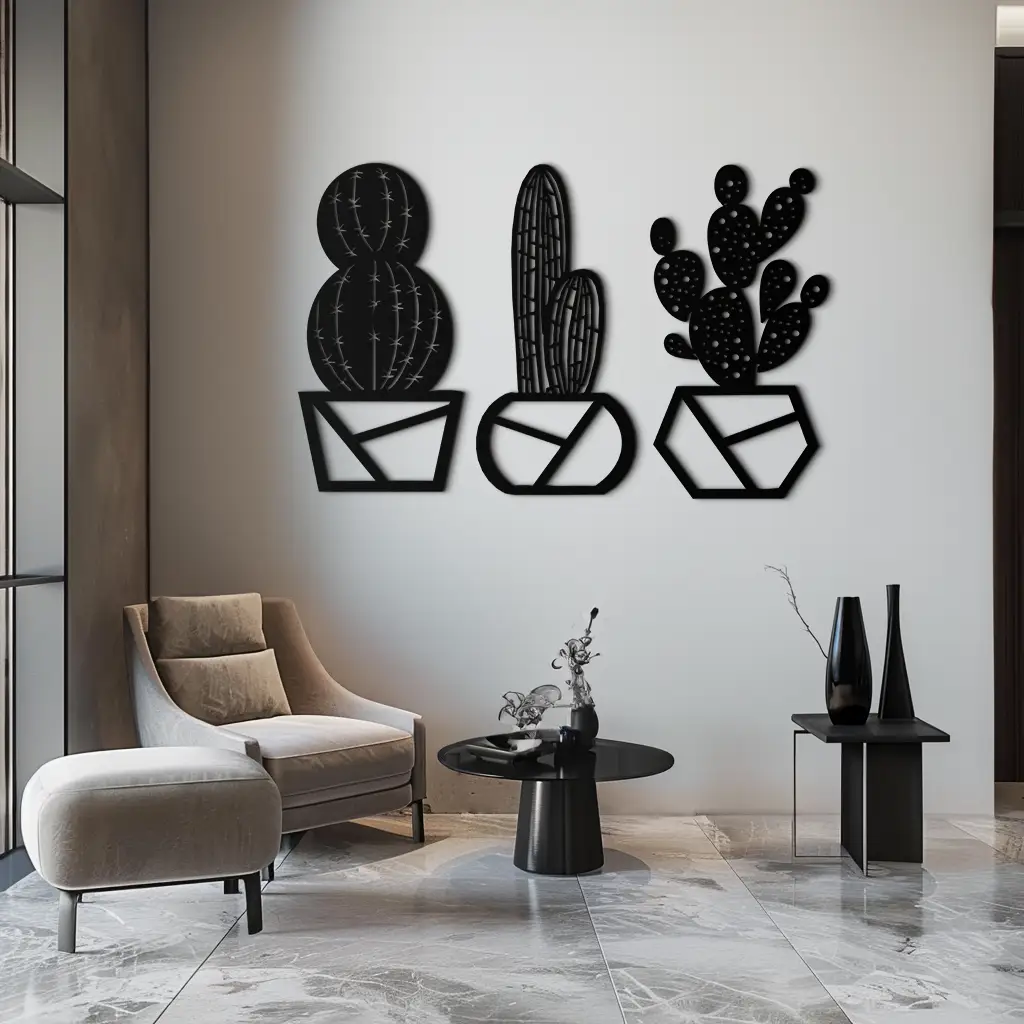 Geometric Cactus Set Metal Wall Art – Modern Black Steel Succulent Decor for Home and Office- KAF518 by Enova Art