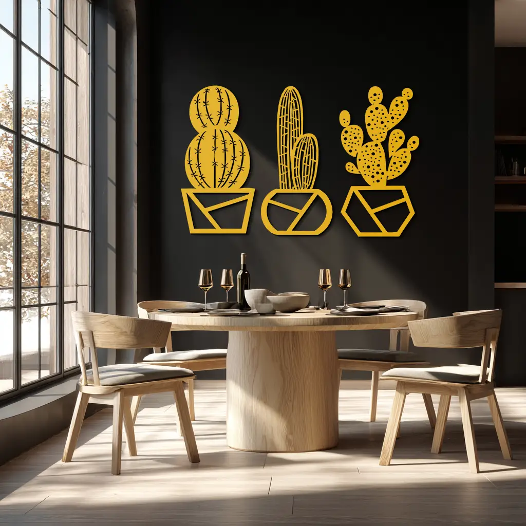 Geometric Cactus Set Metal Wall Art – Modern Black Steel Succulent Decor for Home and Office- KAF518 by Enova Art