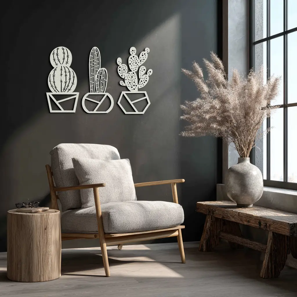 Geometric Cactus Set Metal Wall Art – Modern Black Steel Succulent Decor for Home and Office- KAF518 by Enova Art