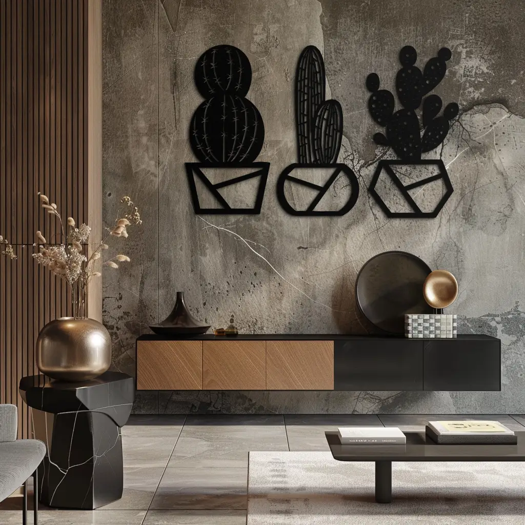Geometric Cactus Set Metal Wall Art – Modern Black Steel Succulent Decor for Home and Office- KAF518 by Enova Art
