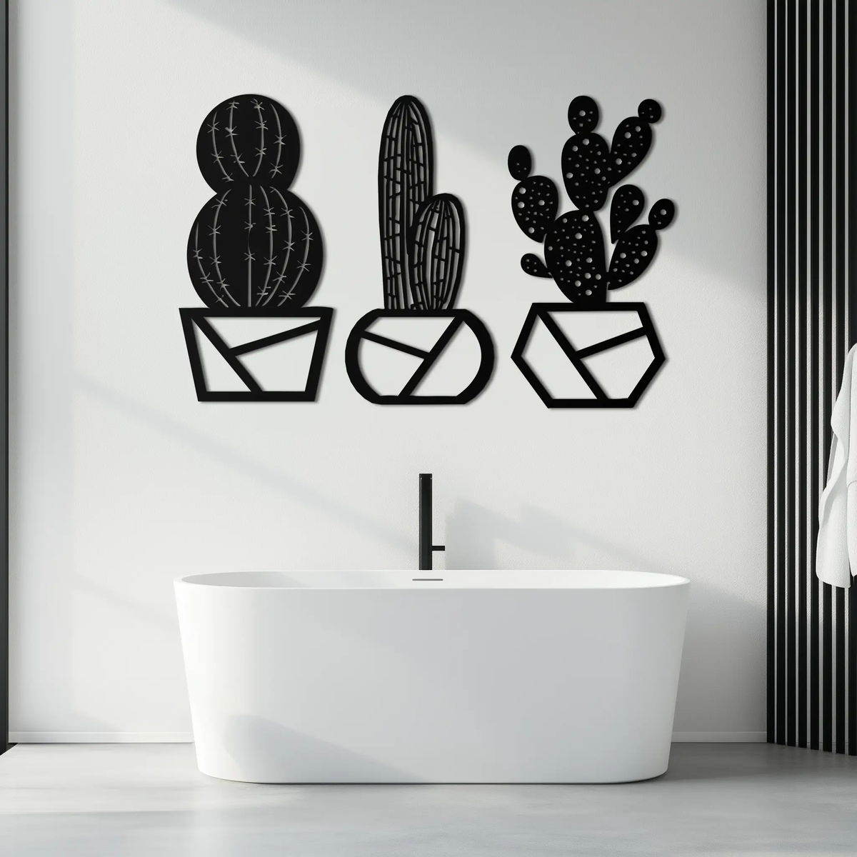 Geometric Cactus Set Metal Wall Art – Modern Black Steel Succulent Decor for Home and Office- KAF518 by Enova Art