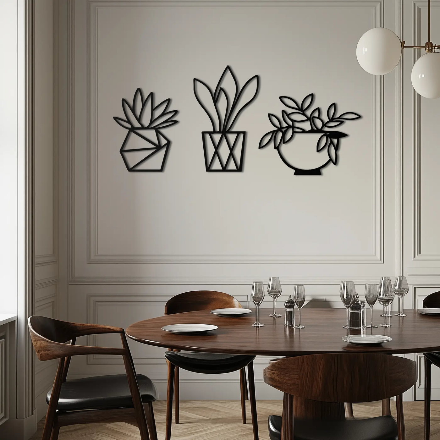 Geometric Plant Silhouette Metal Wall Art – Modern Black Botanical Home Decor- KAF519 by Enova Art
