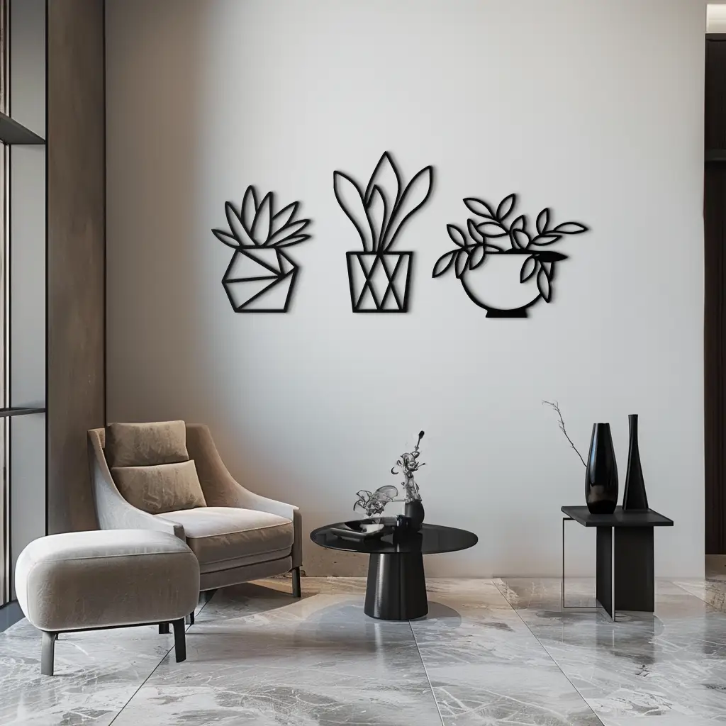 Geometric Plant Silhouette Metal Wall Art – Modern Black Botanical Home Decor- KAF519 by Enova Art