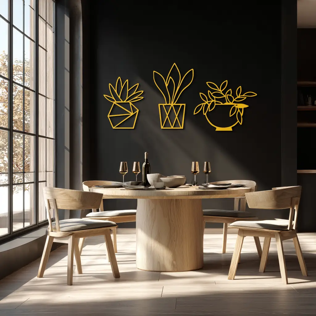 Geometric Plant Silhouette Metal Wall Art – Modern Black Botanical Home Decor- KAF519 by Enova Art