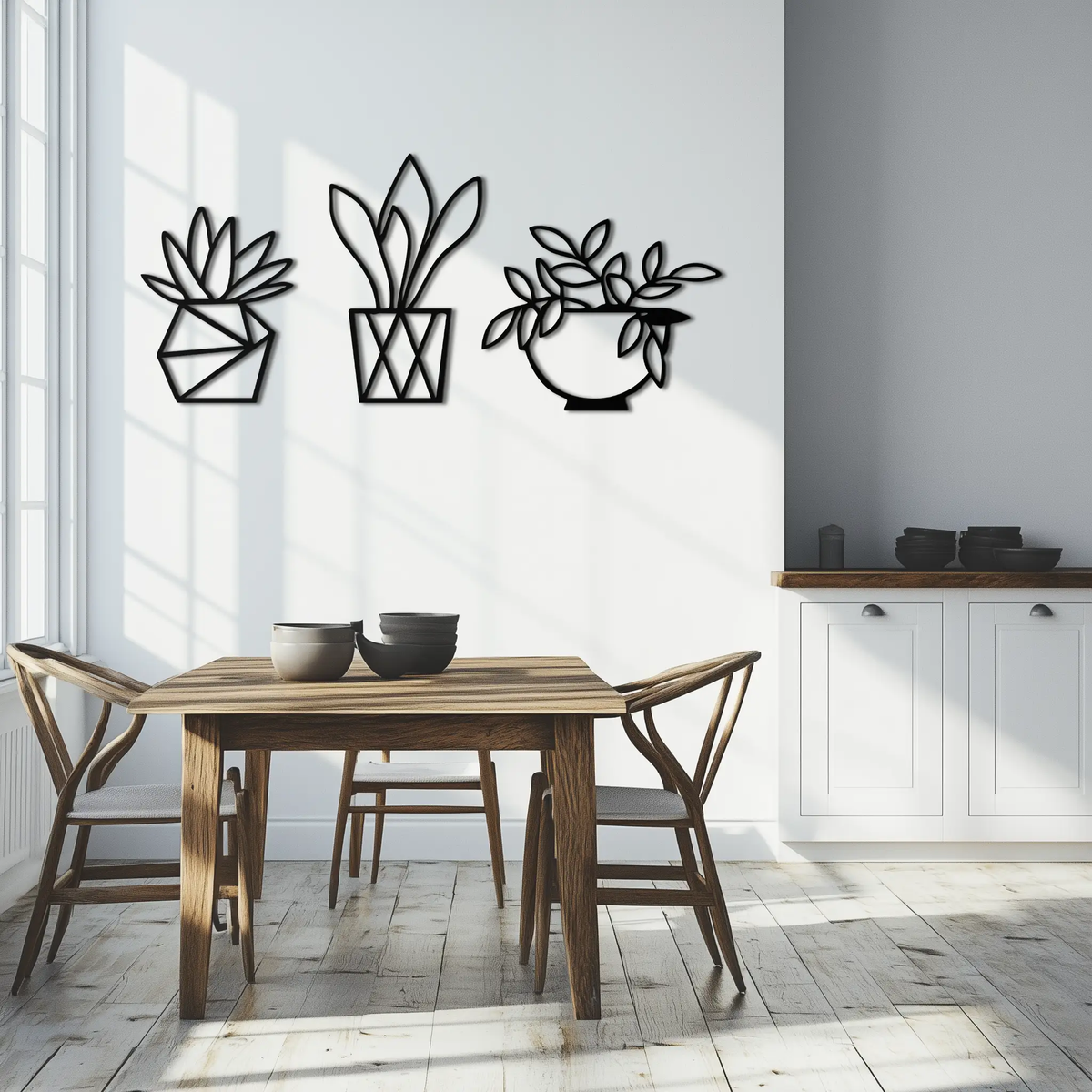 Geometric Plant Silhouette Metal Wall Art – Modern Black Botanical Home Decor- KAF519 by Enova Art
