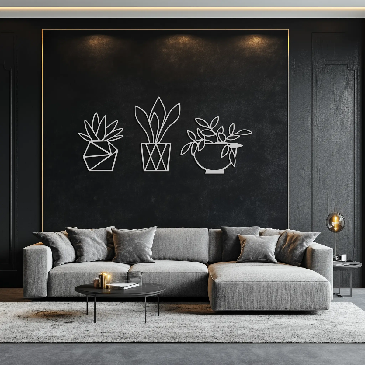 Geometric Plant Silhouette Metal Wall Art – Modern Black Botanical Home Decor- KAF519 by Enova Art