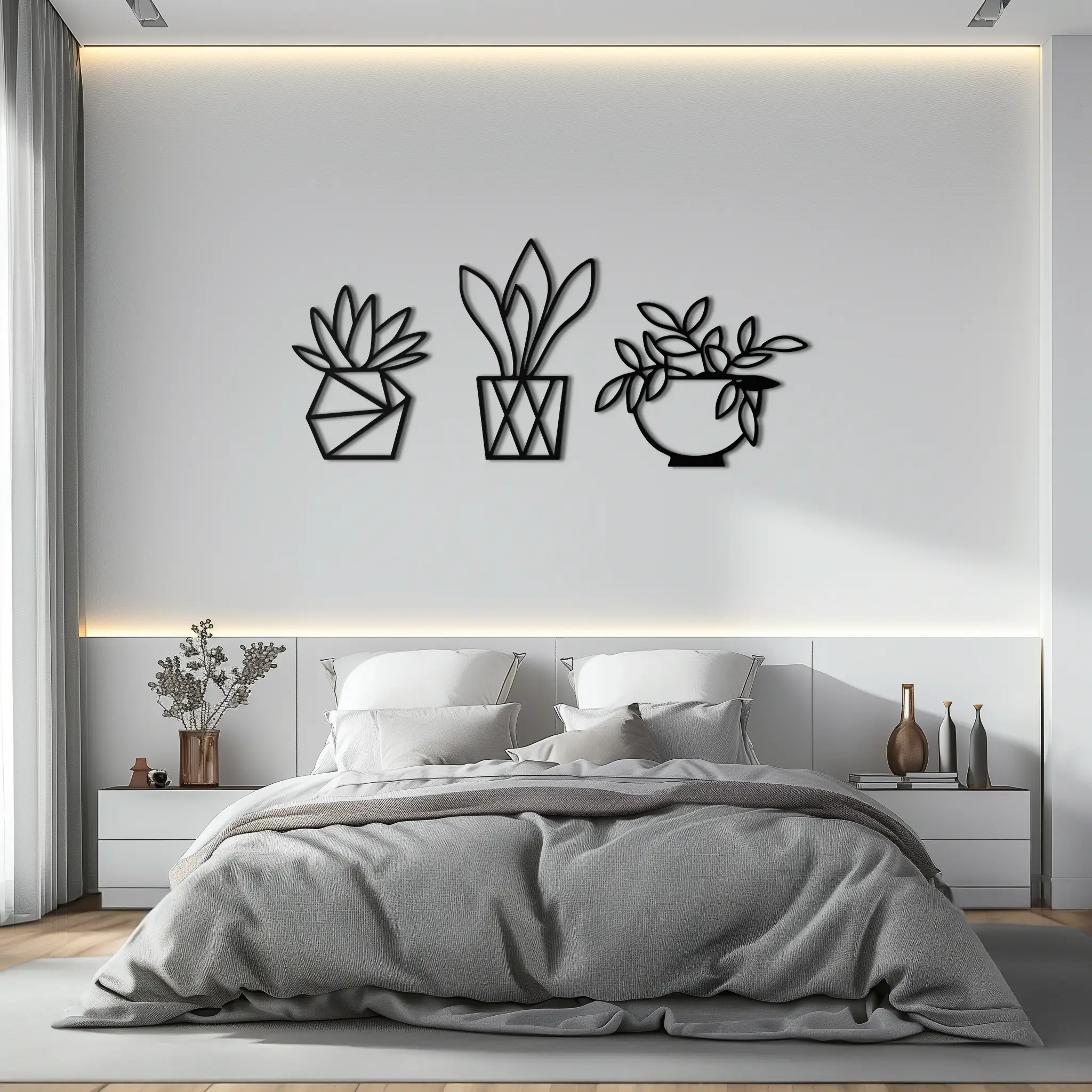 Geometric Plant Silhouette Metal Wall Art – Modern Black Botanical Home Decor- KAF519 by Enova Art