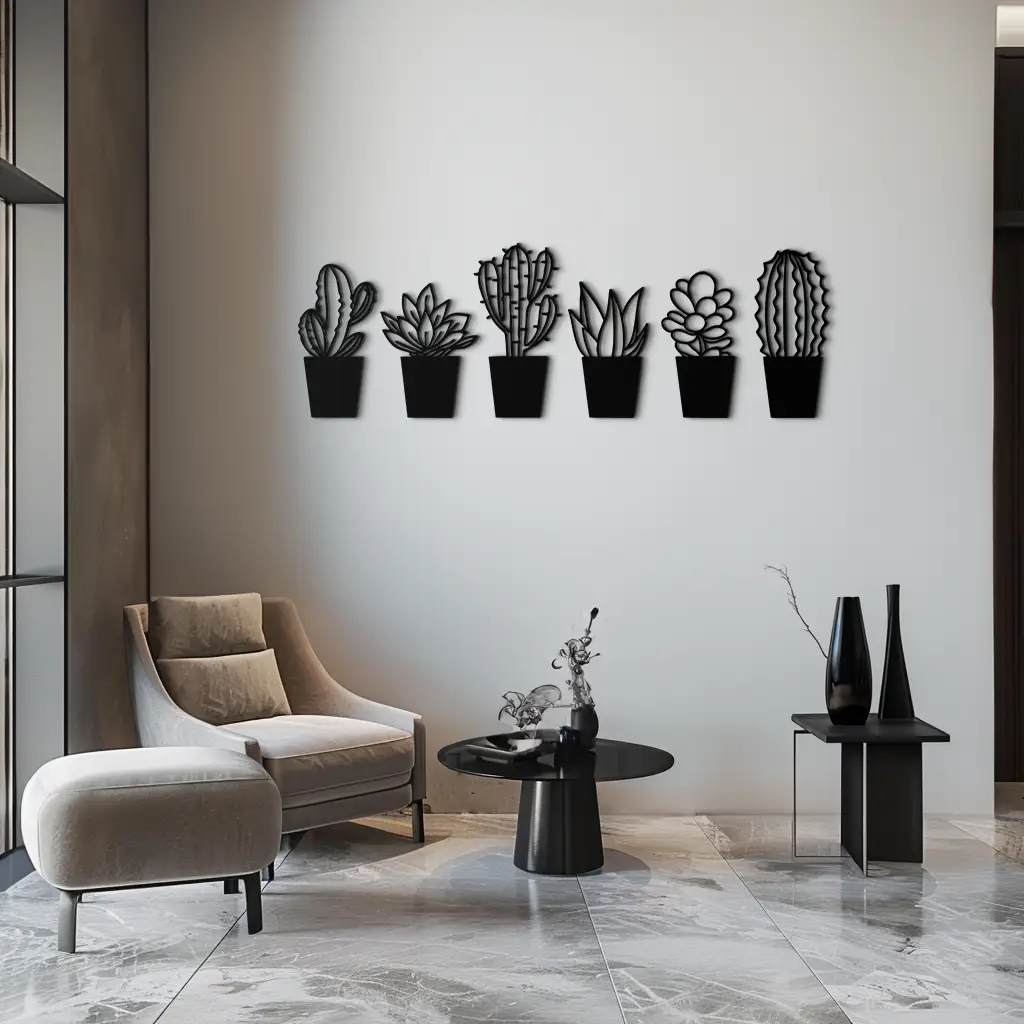 Cactus Succulent Plant Metal Wall Art – Modern Black Botanical Home Decor- KAF521 by Enova Art
