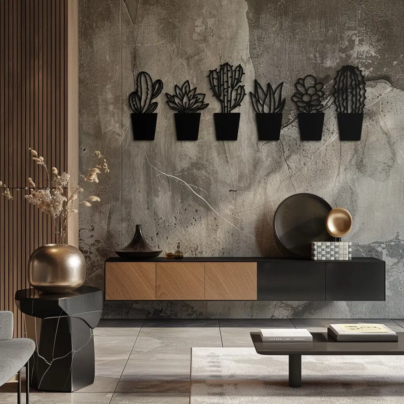 Cactus Succulent Plant Metal Wall Art – Modern Black Botanical Home Decor- KAF521 by Enova Art
