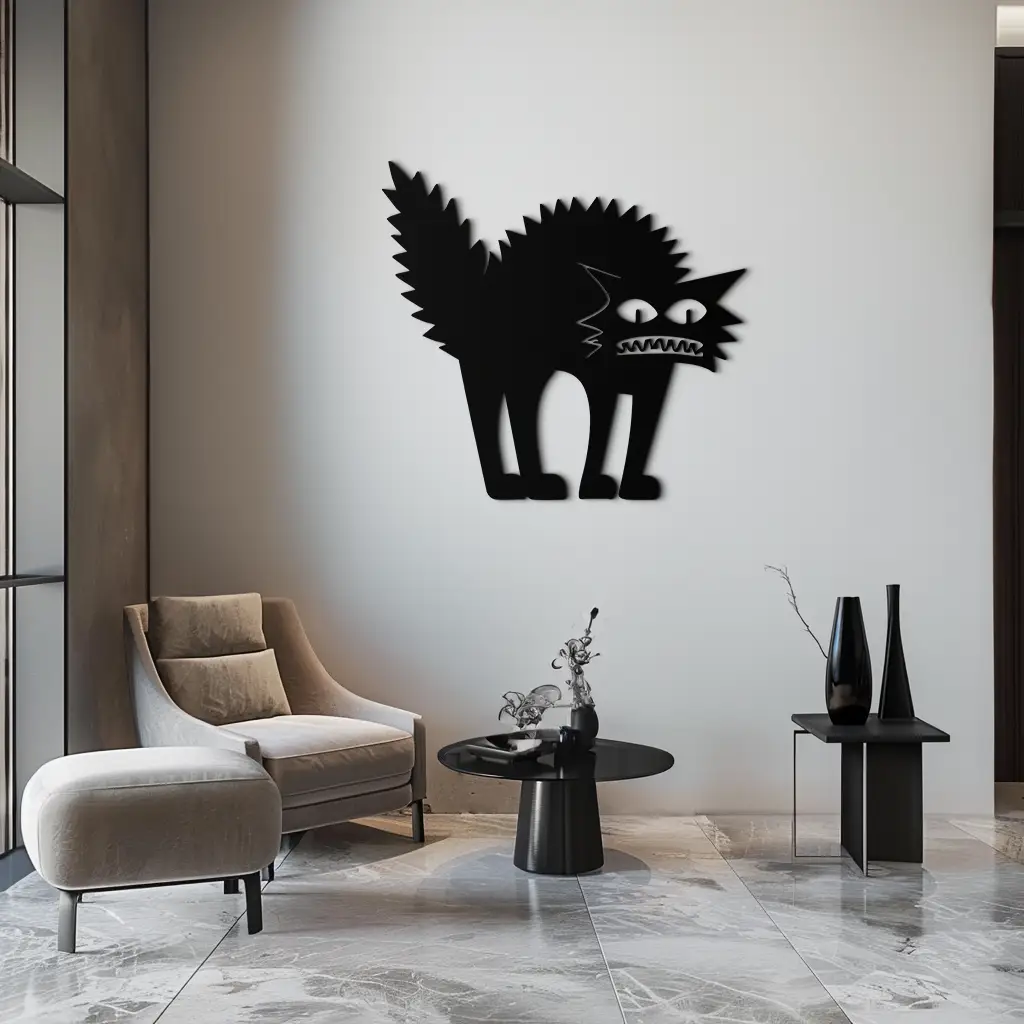Scared Cat Silhouette Metal Wall Art – Modern Black Cat Halloween Home Decor- KAF524 by Enova Art