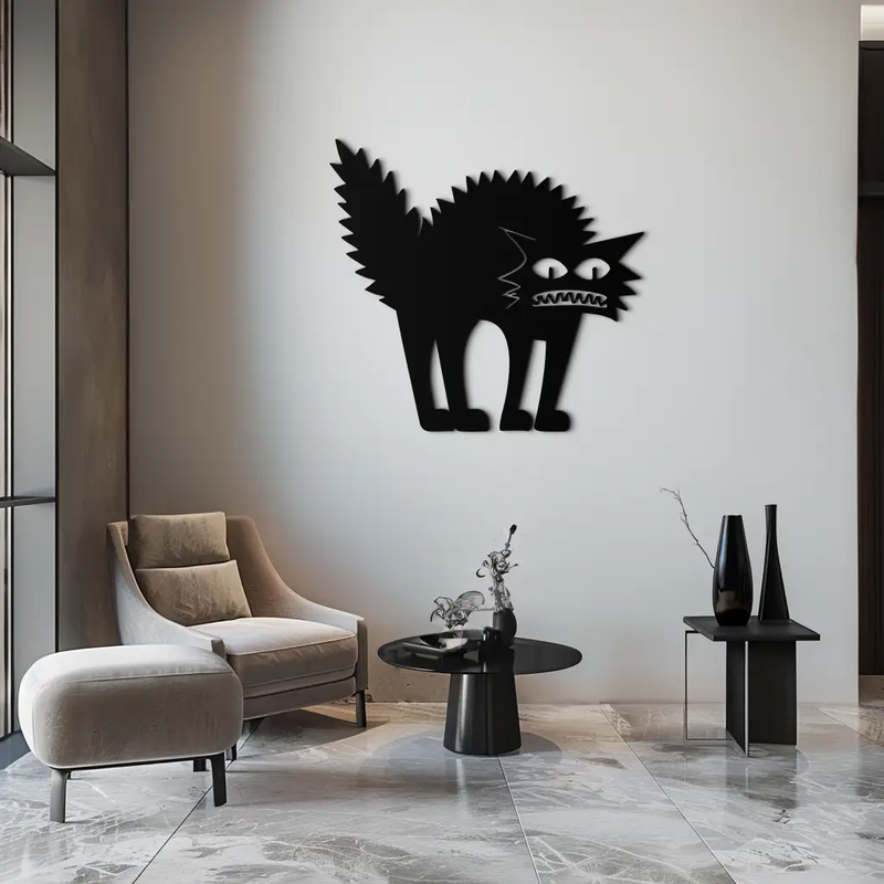 Scared Cat Silhouette Metal Wall Art – Modern Black Cat Halloween Home Decor- KAF524 by Enova Art