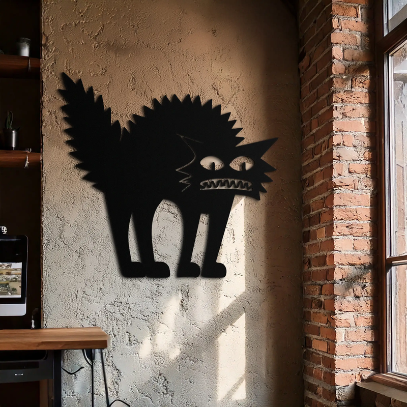 Scared Cat Silhouette Metal Wall Art – Modern Black Cat Halloween Home Decor- KAF524 by Enova Art