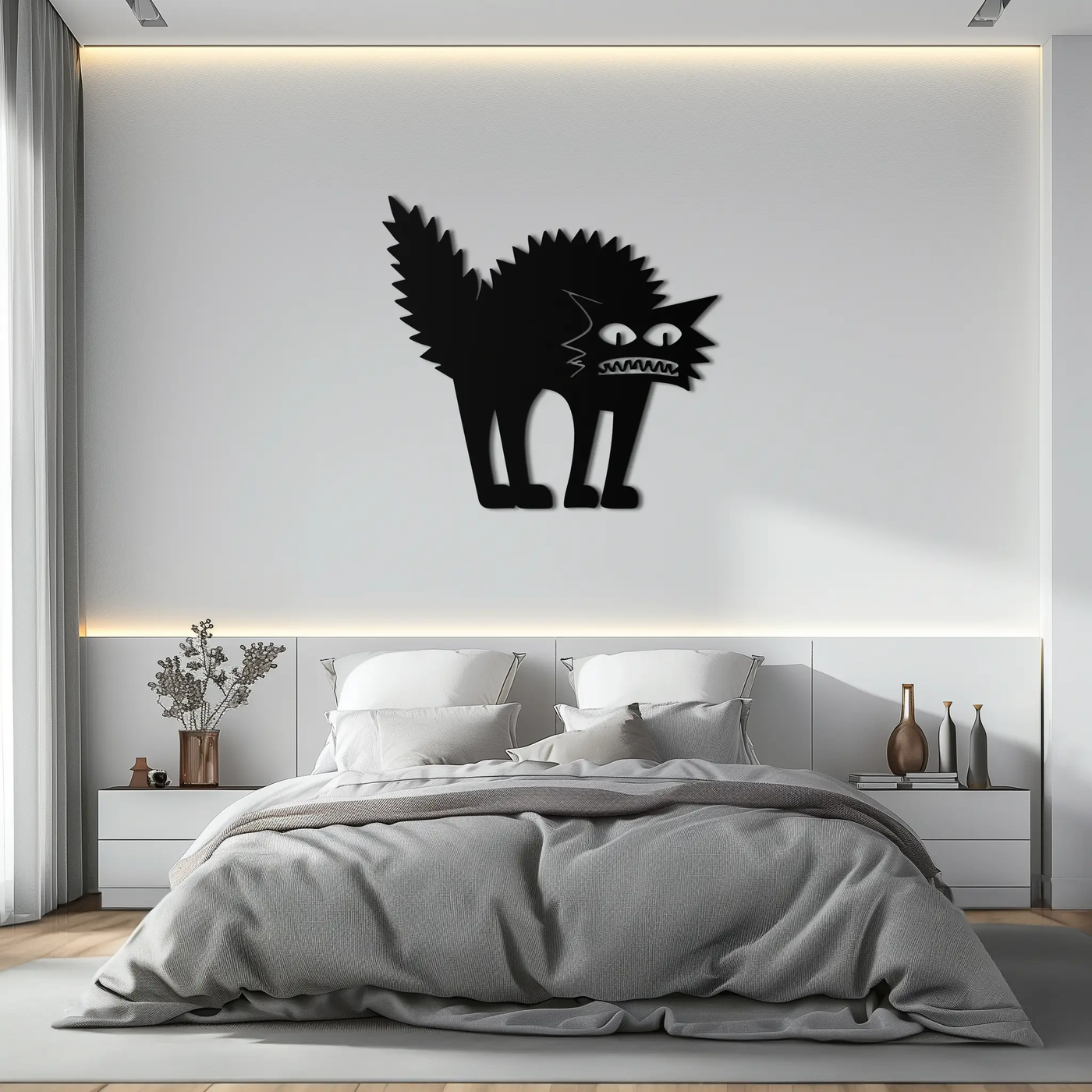 Scared Cat Silhouette Metal Wall Art – Modern Black Cat Halloween Home Decor- KAF524 by Enova Art