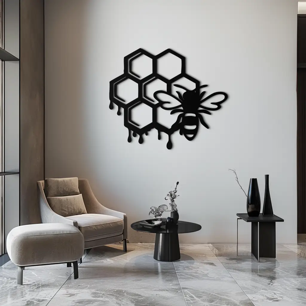 Honeybee and Honeycomb Silhouette Metal Wall Art – Modern Bee Home Decor- KAF543