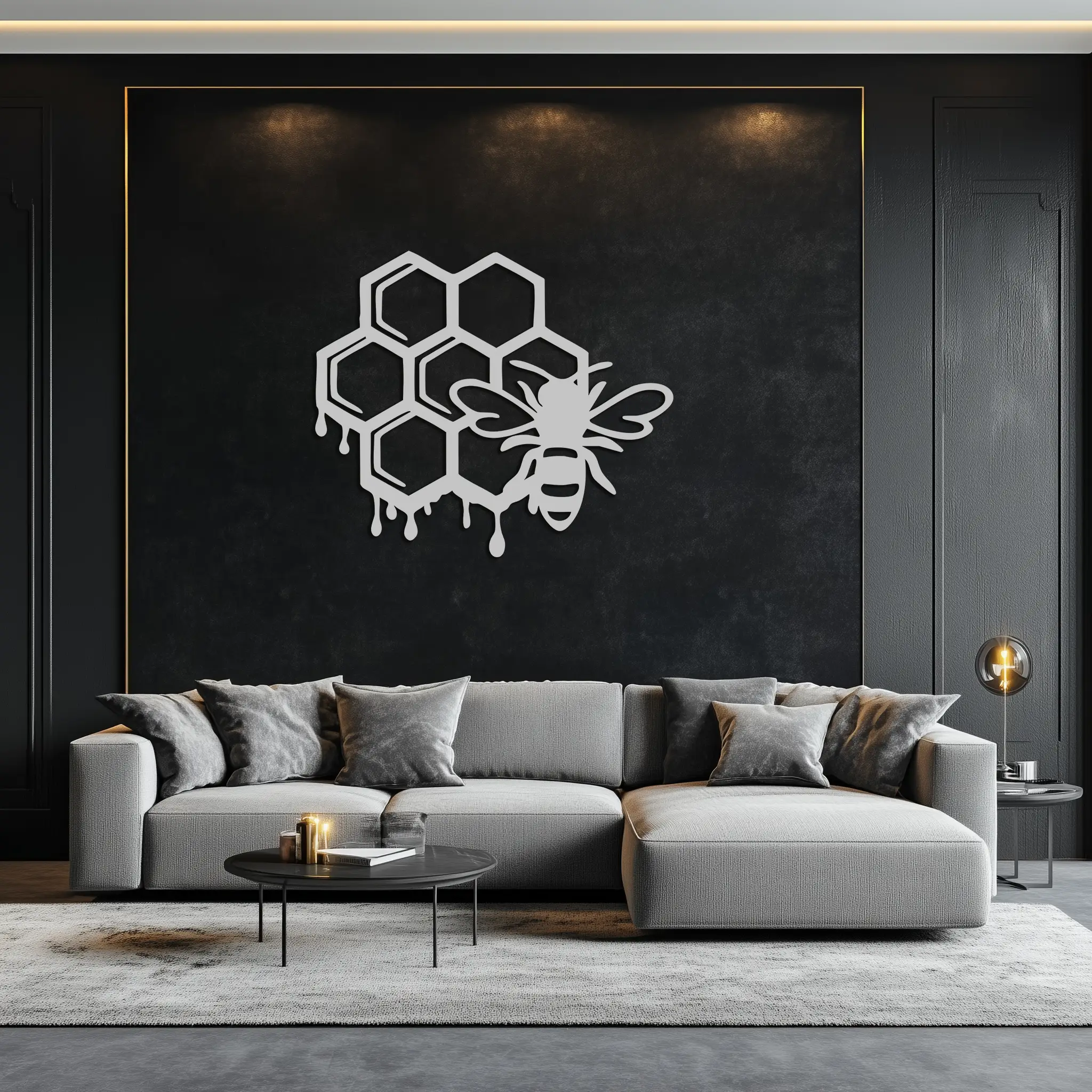 Honeybee and Honeycomb Silhouette Metal Wall Art – Modern Bee Home Decor- KAF543 by Enova Art