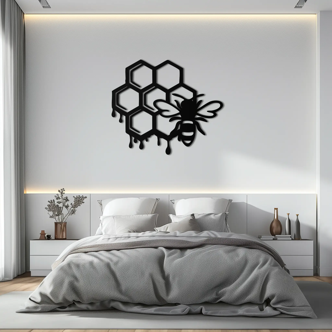 Honeybee and Honeycomb Silhouette Metal Wall Art – Modern Bee Home Decor- KAF543 by Enova Art