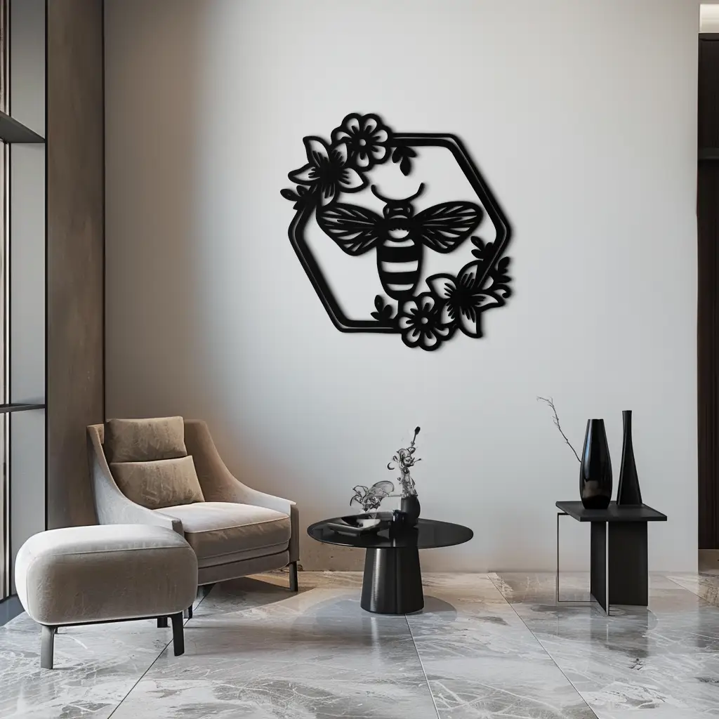 Floral Bee Silhouette Metal Wall Art – Nature Inspired Home Decoration- KAF544 by Enova Art