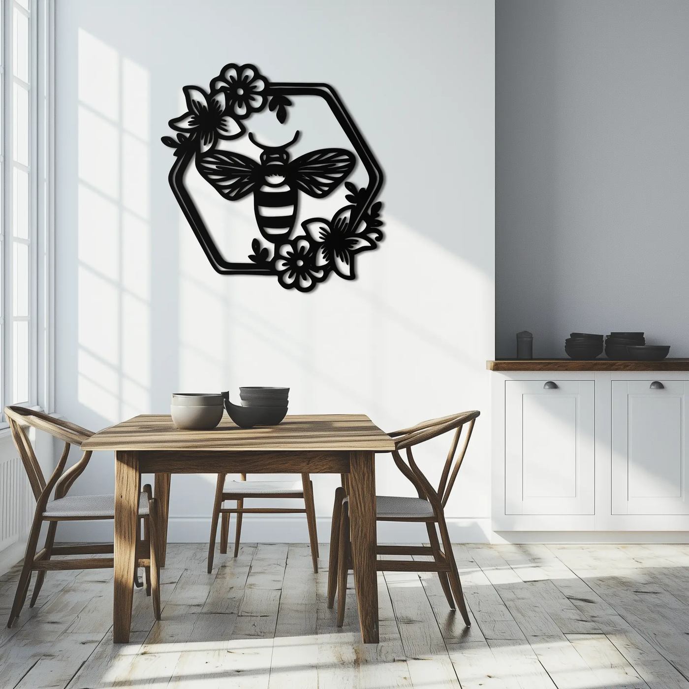 Floral Bee Silhouette Metal Wall Art – Nature Inspired Home Decoration- KAF544 by Enova Art
