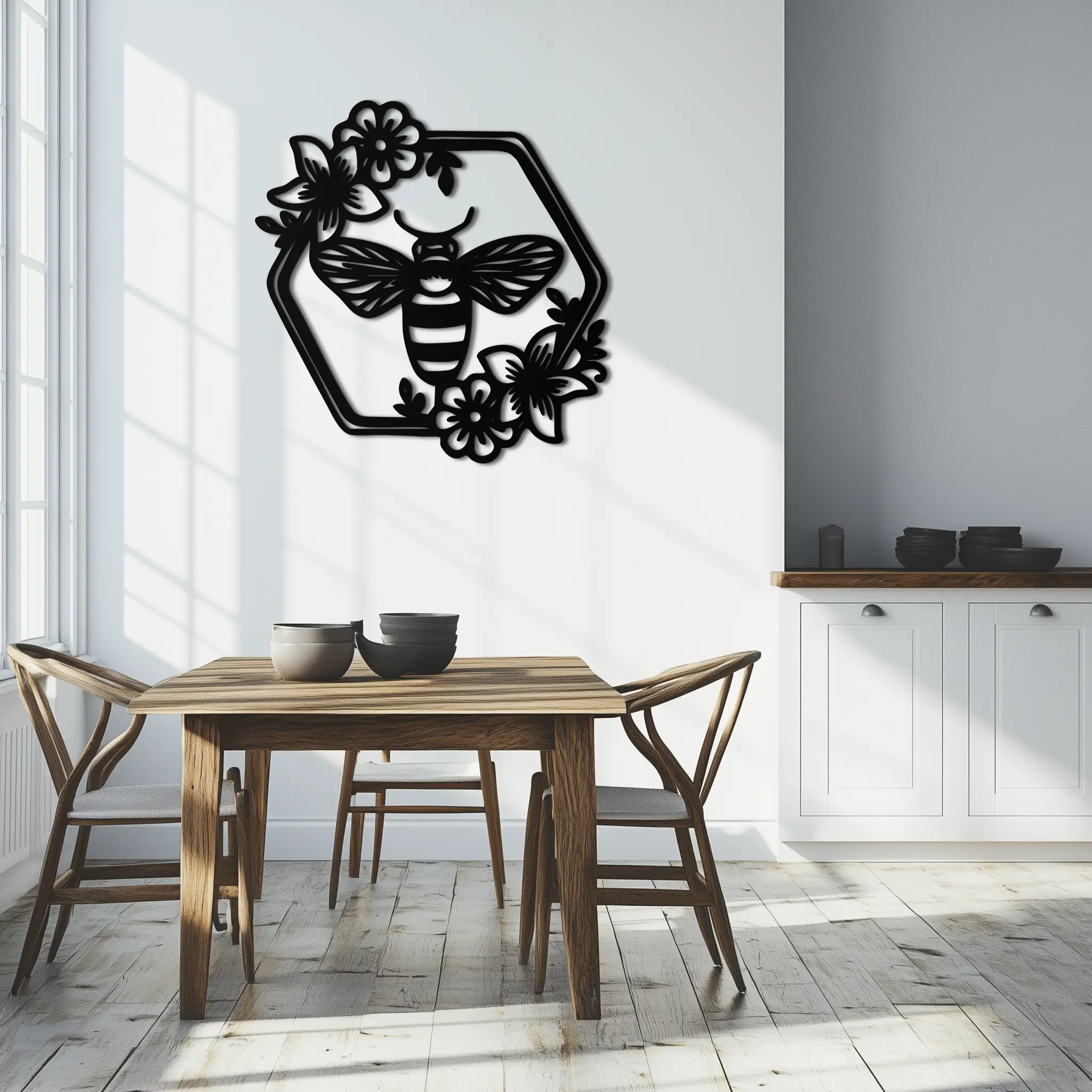 Floral Bee Silhouette Metal Wall Art – Nature Inspired Home Decoration- KAF544 by Enova Art