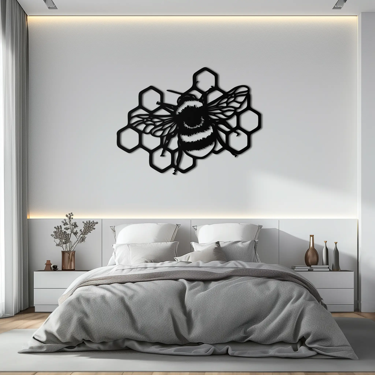 Bumblebee and Honeycomb Silhouette Metal Wall Art – Nature-Inspired Black Bee Decor- KAF545 by Enova Art