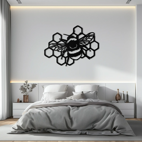 Bumblebee and Honeycomb Silhouette Metal Wall Art – Nature-Inspired Black Bee Decor- KAF545
