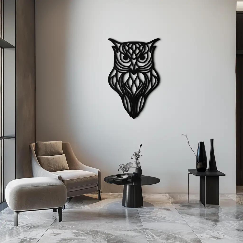 Artistic Owl Silhouette Metal Wall Art – Intricate Black Animal Decor- KAF546 by Enova Art