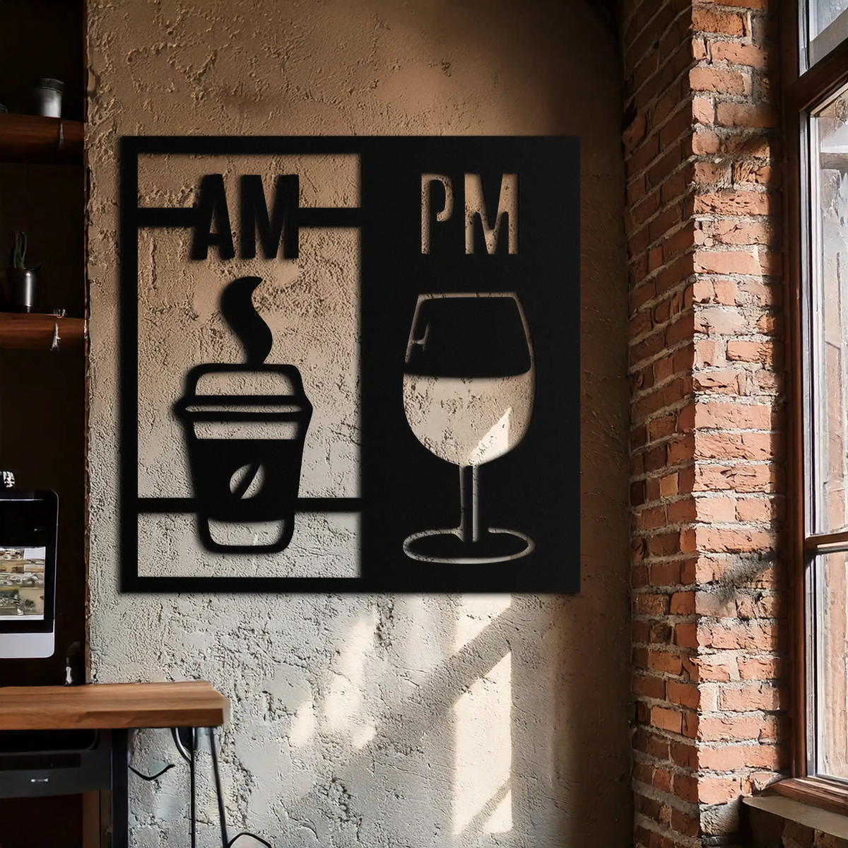 Morning Coffee and Evening Wine Metal Wall Art – AM PM Modern Black Kitchen Decor- KAF547 by Enova Art