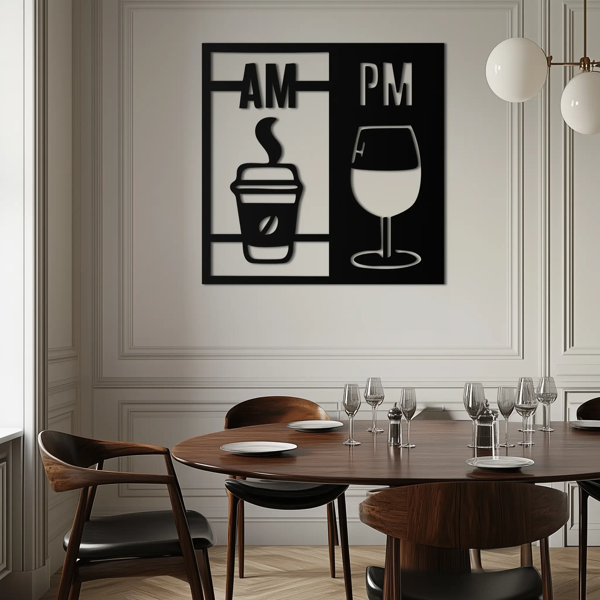 Morning Coffee and Evening Wine Metal Wall Art – AM PM Modern Black Kitchen Decor- KAF547 by Enova Art
