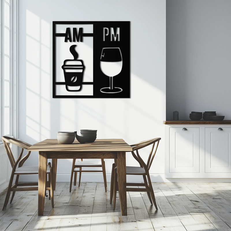 Morning Coffee and Evening Wine Metal Wall Art – AM PM Modern Black Kitchen Decor- KAF547 by Enova Art