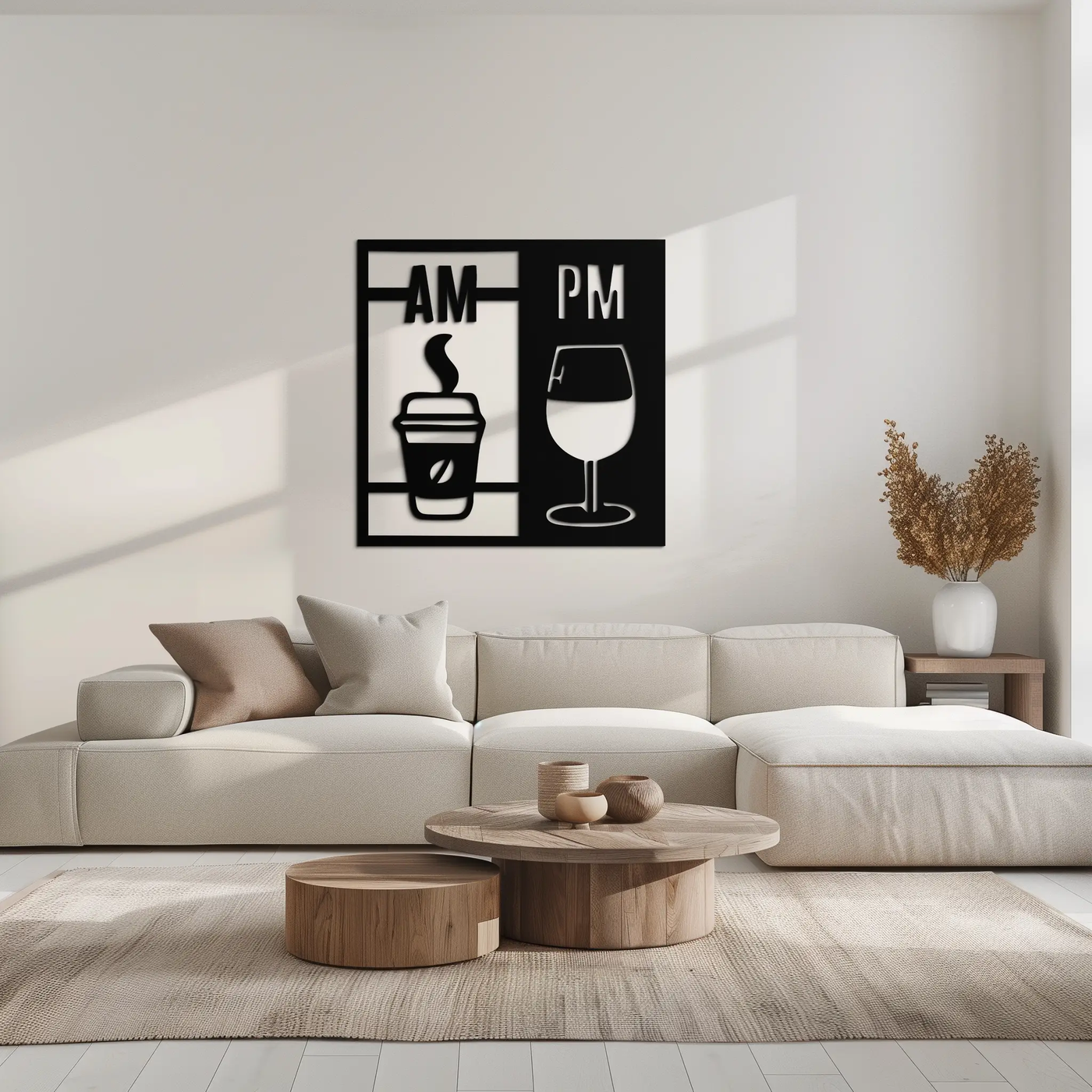 Morning Coffee and Evening Wine Metal Wall Art – AM PM Modern Black Kitchen Decor- KAF547 by Enova Art