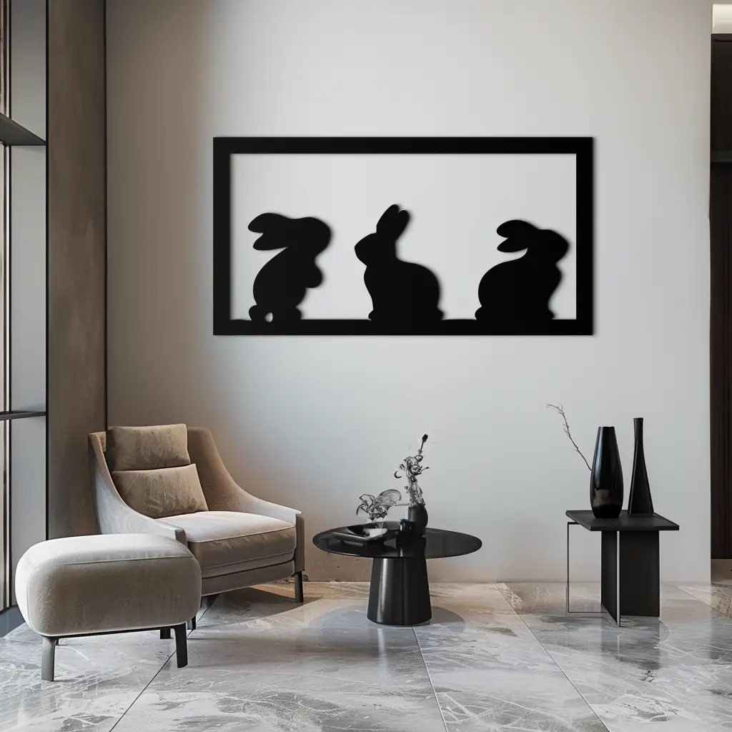 Three Bunny Silhouette Metal Wall Art – Minimalist Black Animal Decor for Nursery and Home- KAF551 by Enova Art