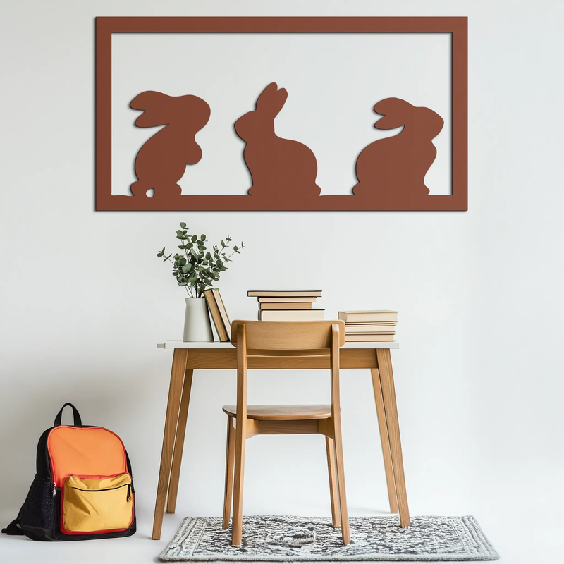Three Bunny Silhouette Metal Wall Art – Minimalist Black Animal Decor for Nursery and Home- KAF551 by Enova Art