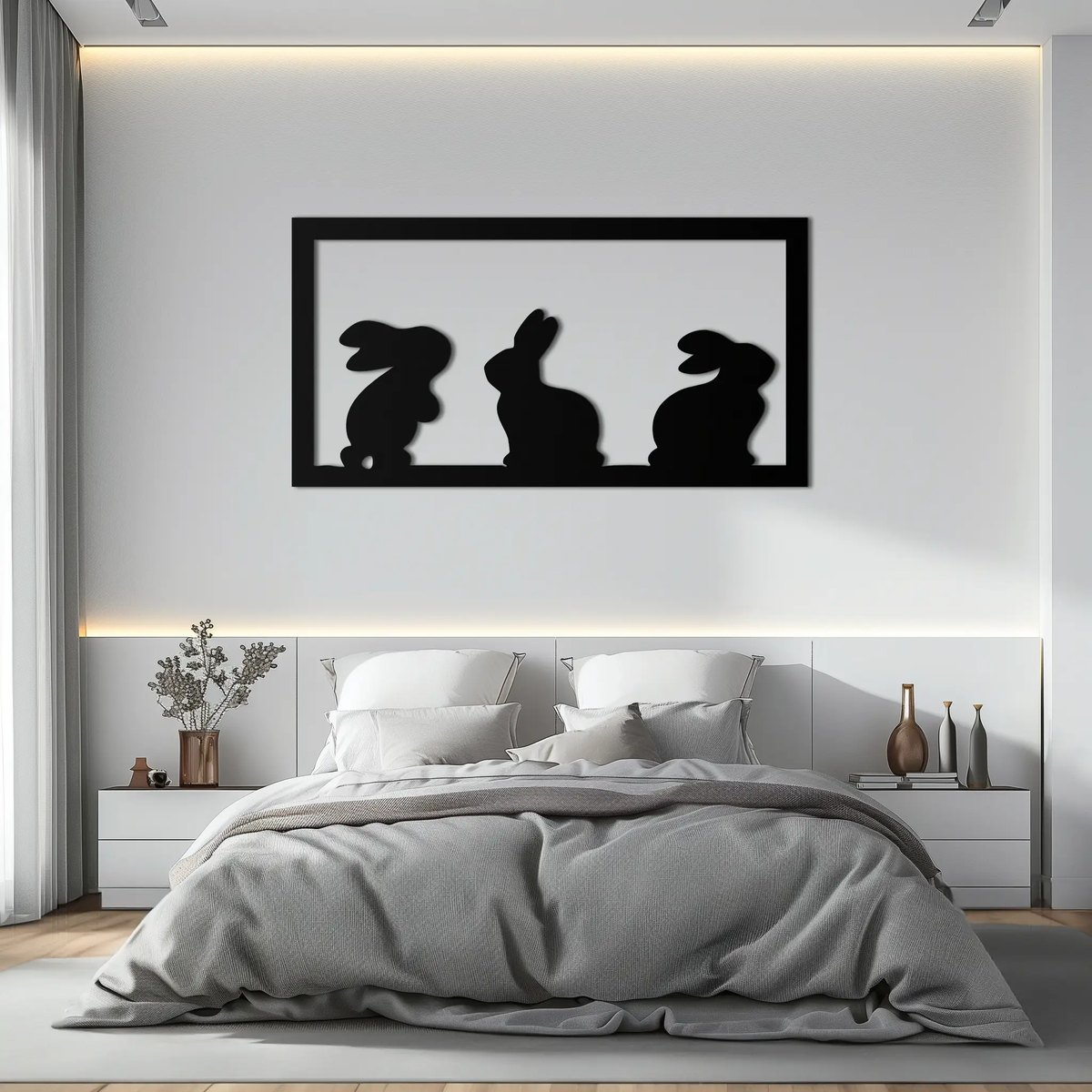 Three Bunny Silhouette Metal Wall Art – Minimalist Black Animal Decor for Nursery and Home- KAF551 by Enova Art