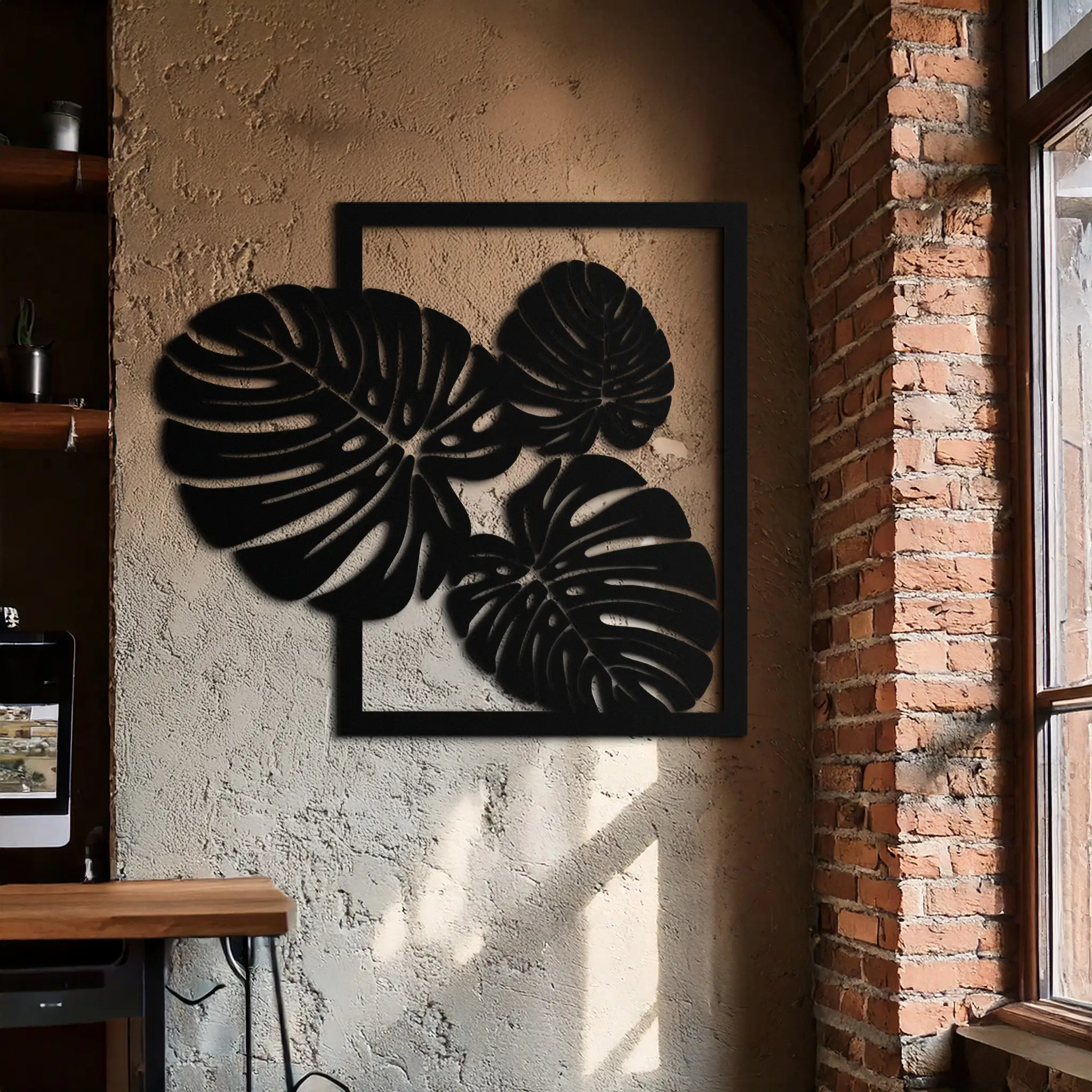 Monstera Leaf Metal Wall Art – Modern Tropical Black Wall Decor for Living Room- KAF552 by Enova Art