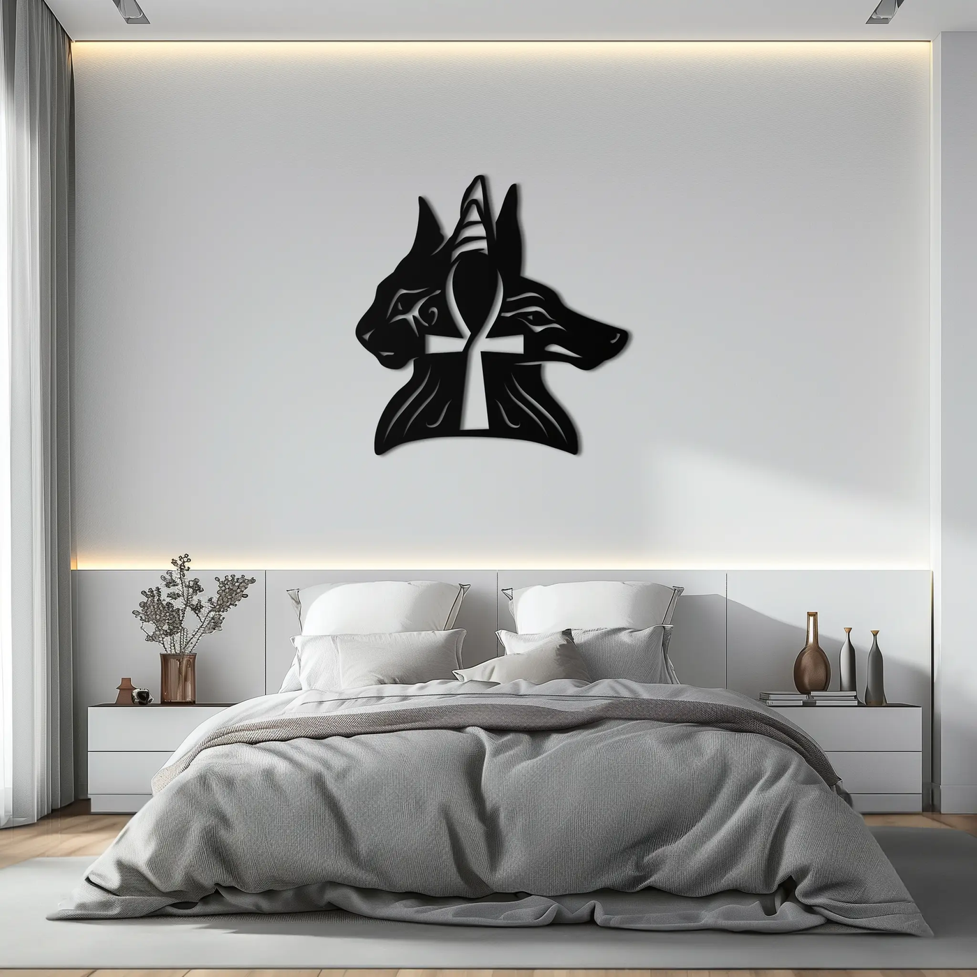 Egyptian Cat and Jackal Metal Wall Art – Ankh Cross Black Wall Decor- KAF558 by Enova Art