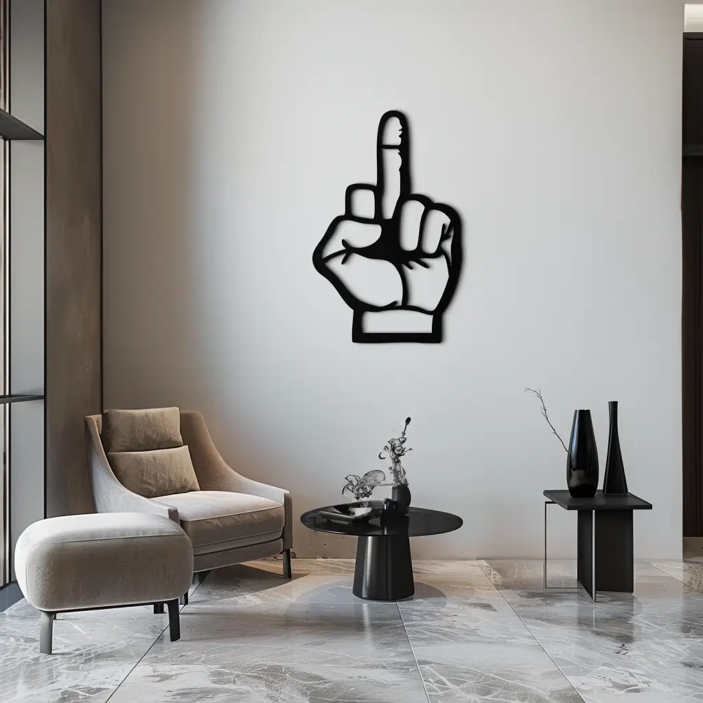 Funny Middle Finger Metal Wall Art – Bold and Playful Black Home Decor- KAF562 by Enova Art