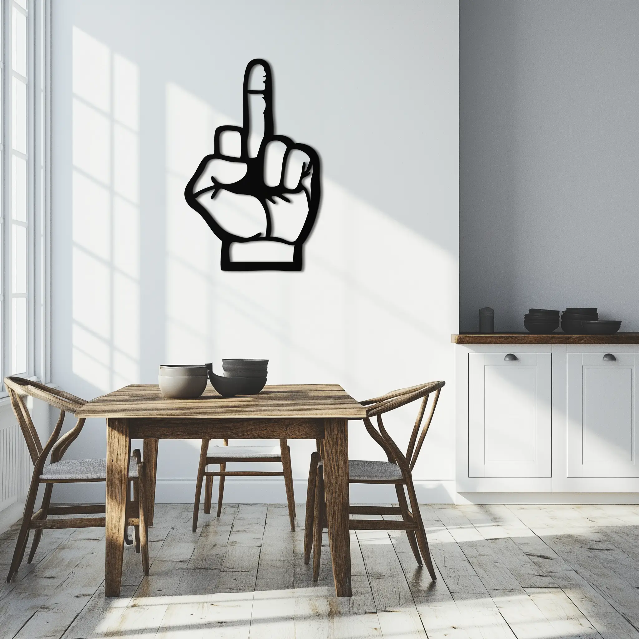 Funny Middle Finger Metal Wall Art – Bold and Playful Black Home Decor- KAF562 by Enova Art