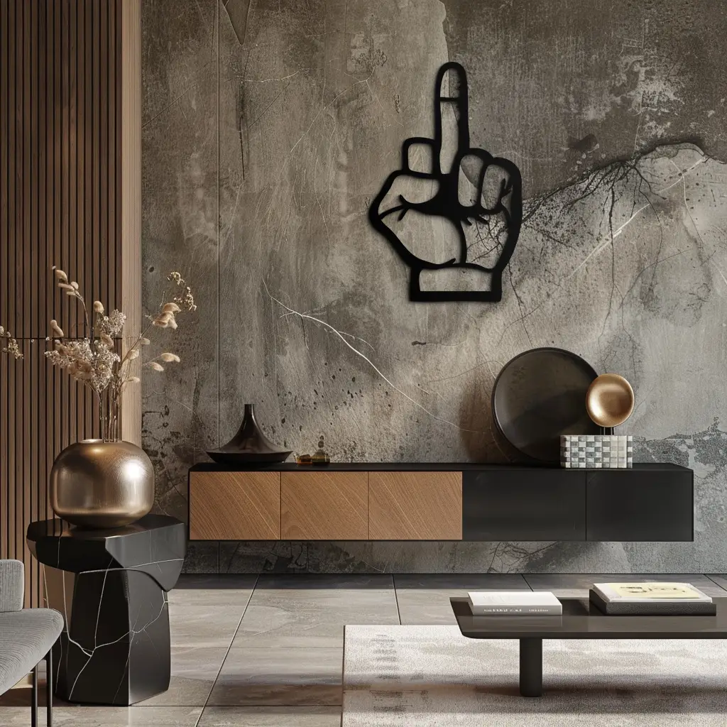 Funny Middle Finger Metal Wall Art – Bold and Playful Black Home Decor- KAF562 by Enova Art