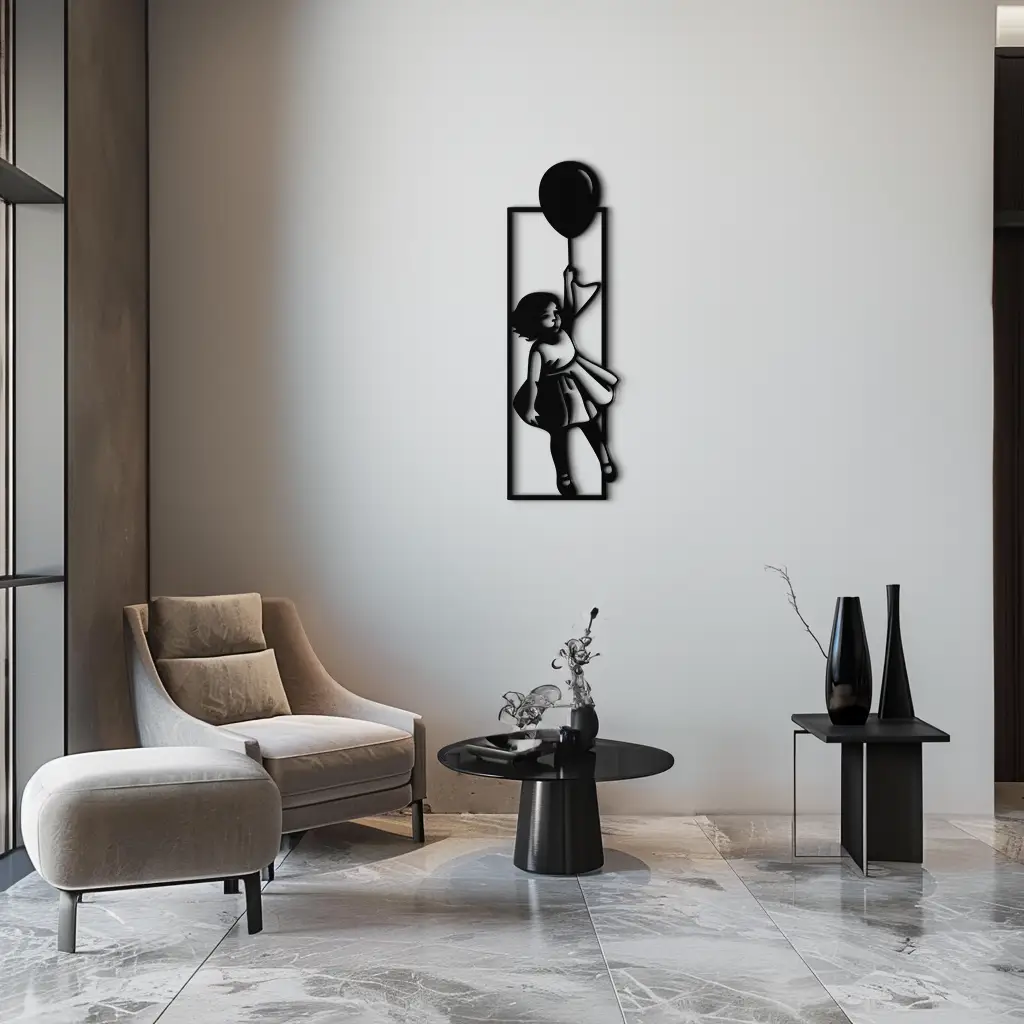 Balloon Girl Silhouette Metal Wall Art – Whimsical Modern Home Decor- KAF563 by Enova Art