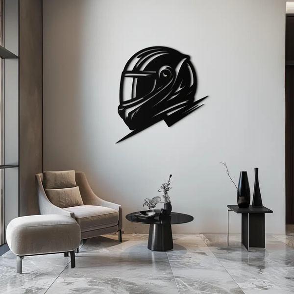 Racing Helmet Silhouette Metal Wall Art – Modern Motorsport Home Decor- KAF565