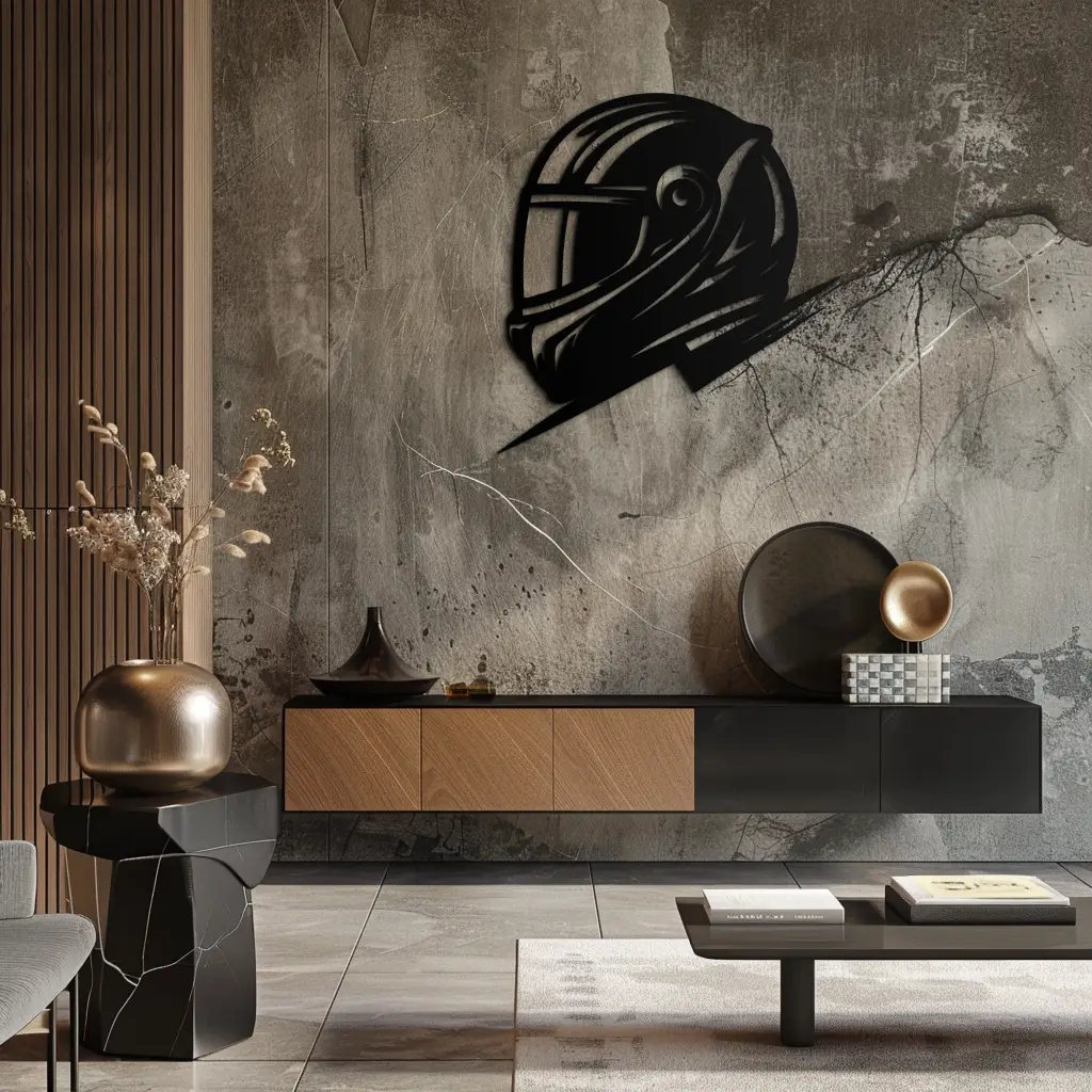 Racing Helmet Silhouette Metal Wall Art – Modern Motorsport Home Decor- KAF565 by Enova Art