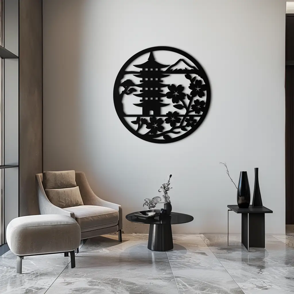 Japanese Pagoda and Sakura Flowers Metal Wall Art – Zen Garden Decor- KAF570
