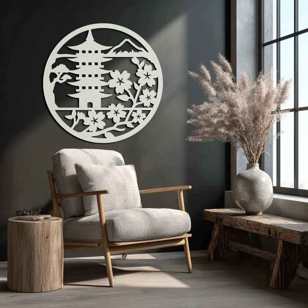 Japanese Pagoda and Sakura Flowers Metal Wall Art – Zen Garden Decor- KAF570 by Enova Art
