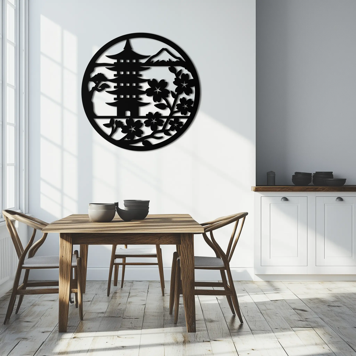 Japanese Pagoda and Sakura Flowers Metal Wall Art – Zen Garden Decor- KAF570 by Enova Art
