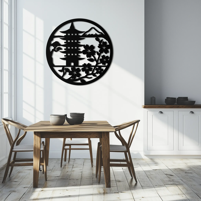 Japanese Pagoda and Sakura Flowers Metal Wall Art – Zen Garden Decor- KAF570 by Enova Art