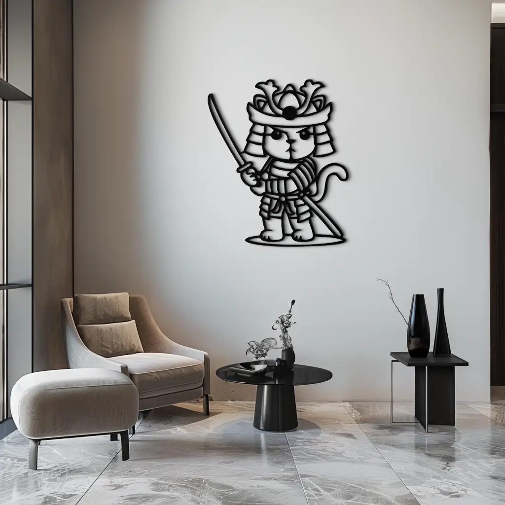 Samurai Cat Warrior Metal Wall Art – Cute Japanese Katana Decor- KAF576 by Enova Art