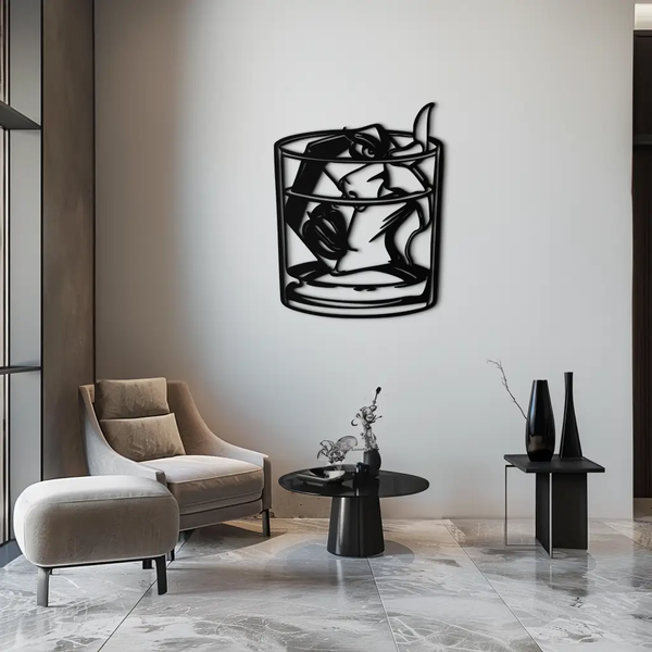 Woman in Whiskey Glass Metal Wall Art – Ice Cube Design Bar Decor for Modern Interiors- KAF578