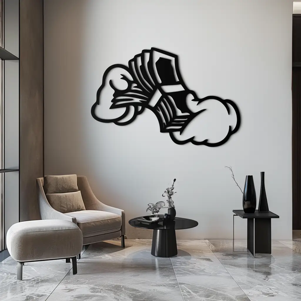 Fist Holding Money Stack Metal Wall Art – Bold Dollar Bill Hand Silhouette for Modern Spaces- KAF579